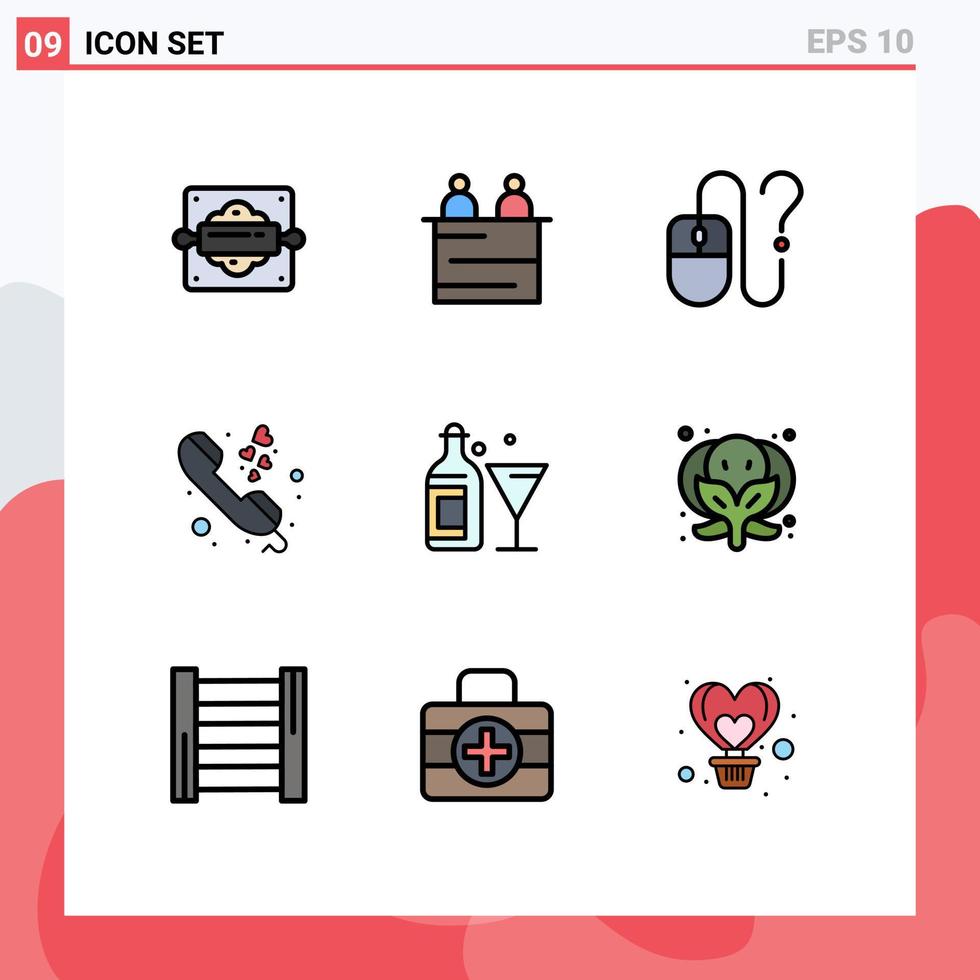 Set of 9 Commercial Filledline Flat Colors pack for glass love computer communication online Editable Vector Design Elements