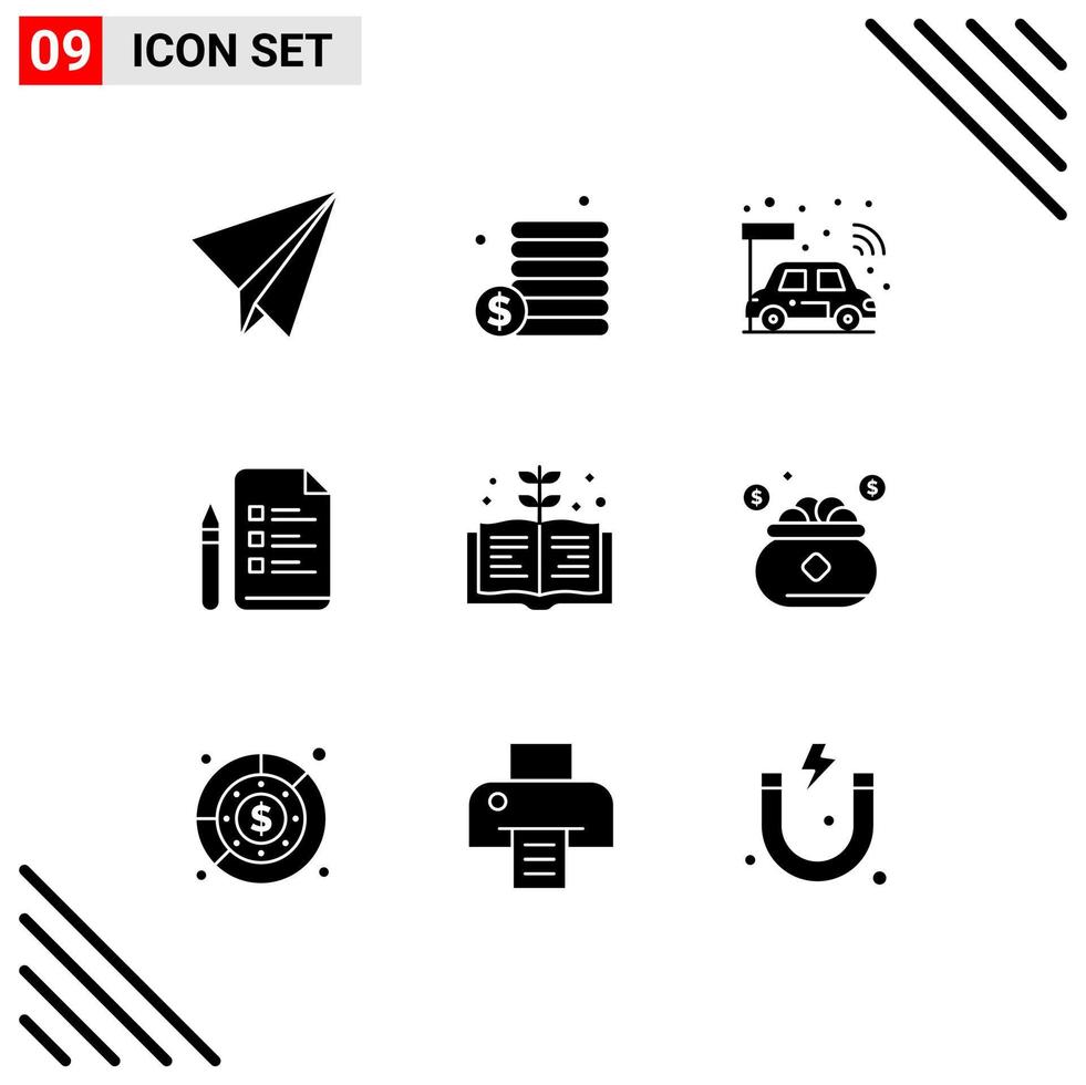 Set of 9 Vector Solid Glyphs on Grid for insurance education electric book pen Editable Vector Design Elements