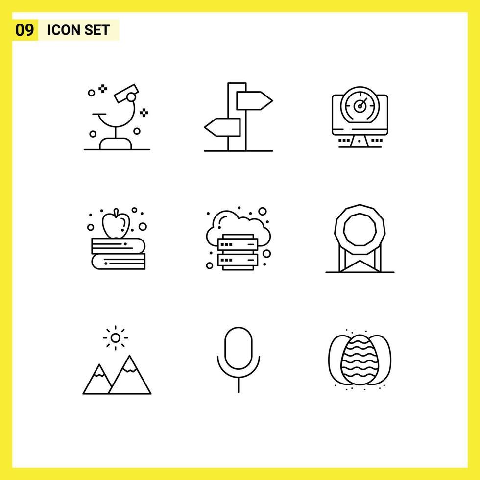 Modern Set of 9 Outlines Pictograph of hosting back to school signpost apple on book location Editable Vector Design Elements