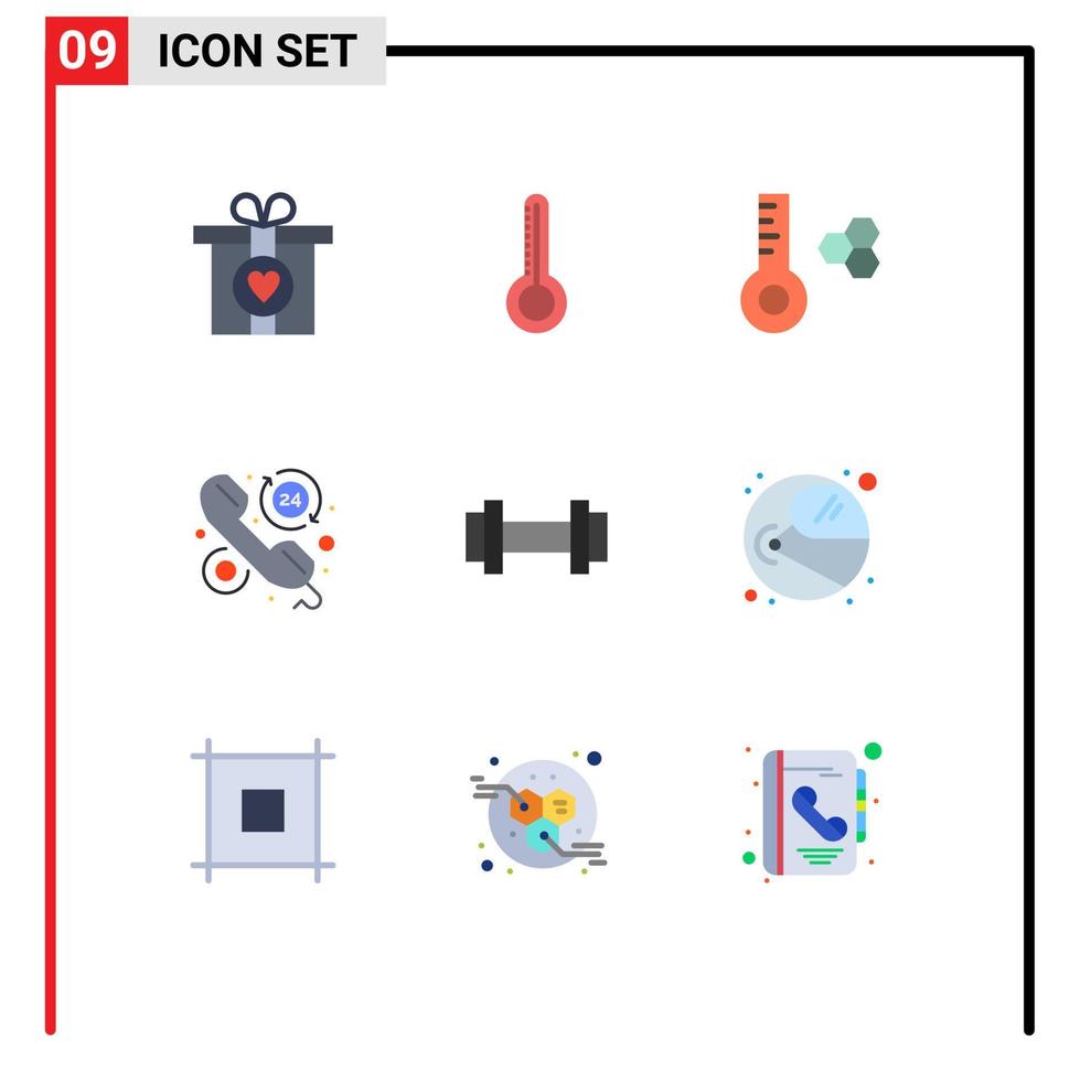 paquete de 9 signos y símbolos de colores planos modernos para medios de impresión web, como termómetro deportivo de peso, horas de gimnasio, elementos de diseño de vectores editables