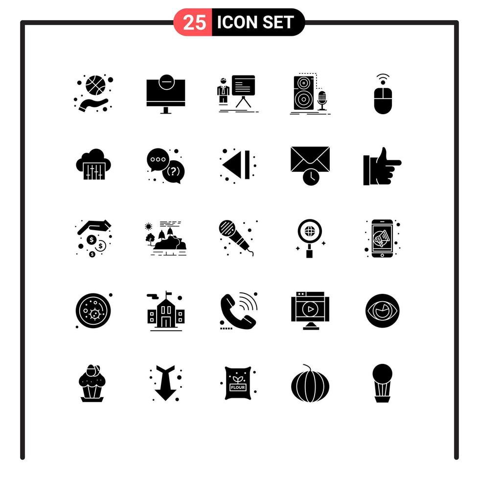 Pack of 25 creative Solid Glyphs of microphone live hardware progress chart Editable Vector Design Elements