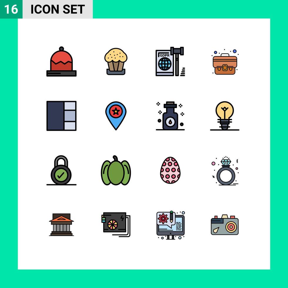 16 Universal Flat Color Filled Lines Set for Web and Mobile Applications grid suitcase business case secure Editable Creative Vector Design Elements
