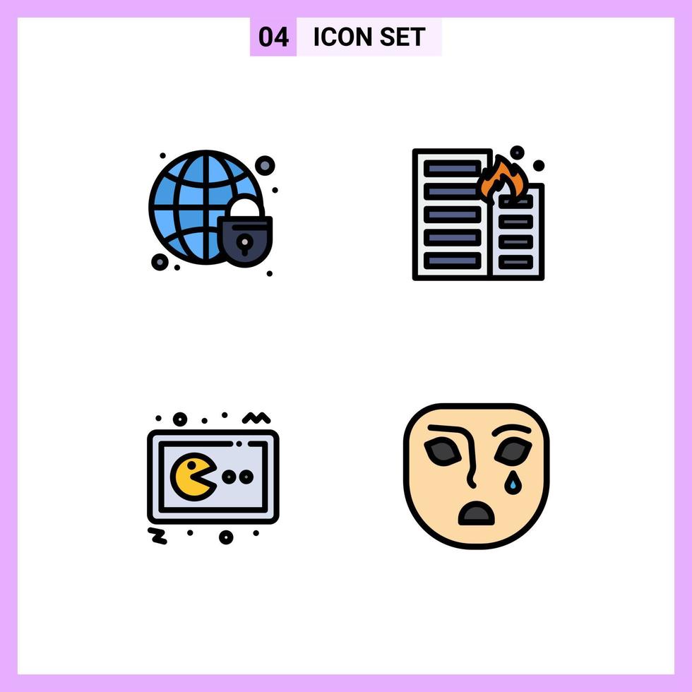 Universal Icon Symbols Group of 4 Modern Filledline Flat Colors of global security pac man globe flame gaming Editable Vector Design Elements