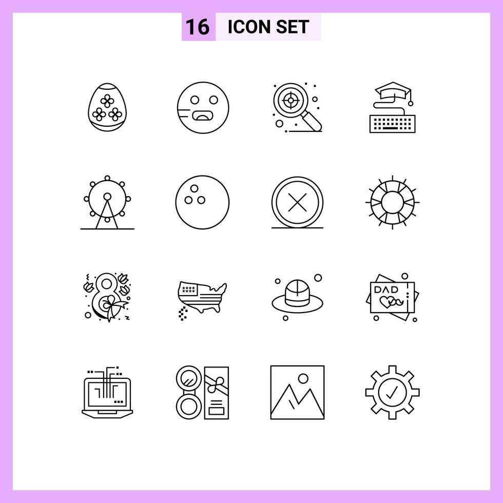 Group of 16 Outlines Signs and Symbols for park holiday focus graduation keyboard Editable Vector Design Elements