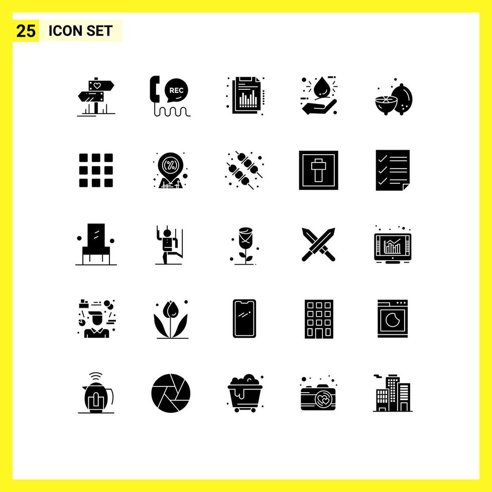 Mobile Interface Solid Glyph Set of 25 Pictograms of lemon eco help drop report Editable Vector Design Elements