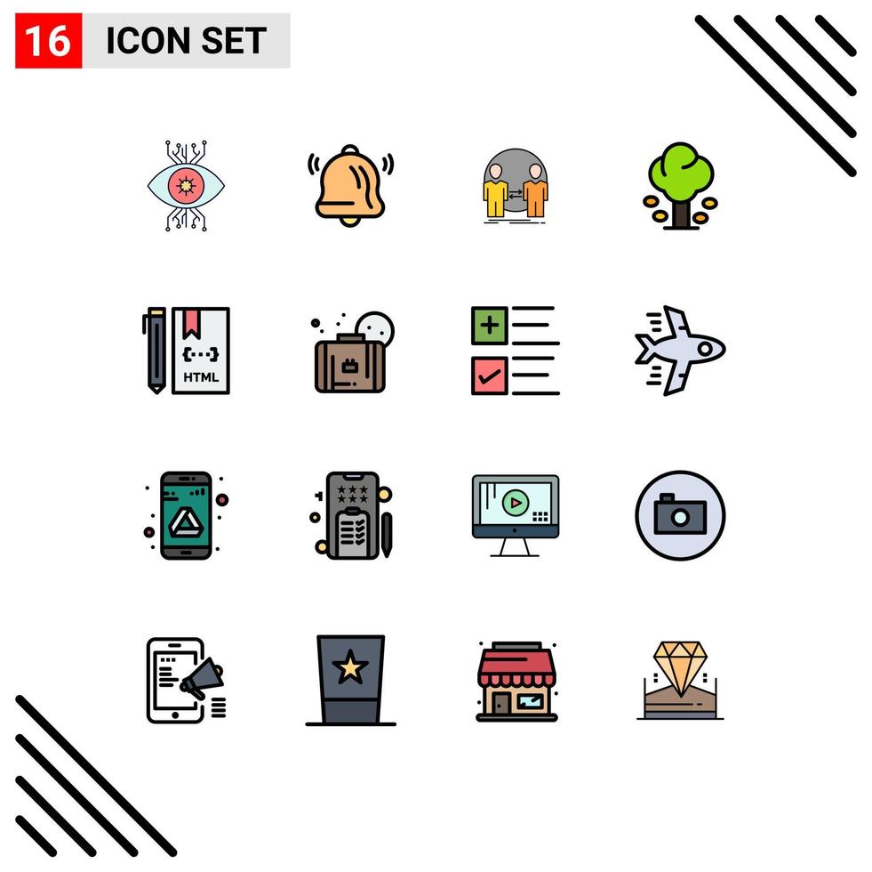 Editable Vector Line Pack of 16 Simple Flat Color Filled Lines of tree green man forest duplicate Editable Creative Vector Design Elements