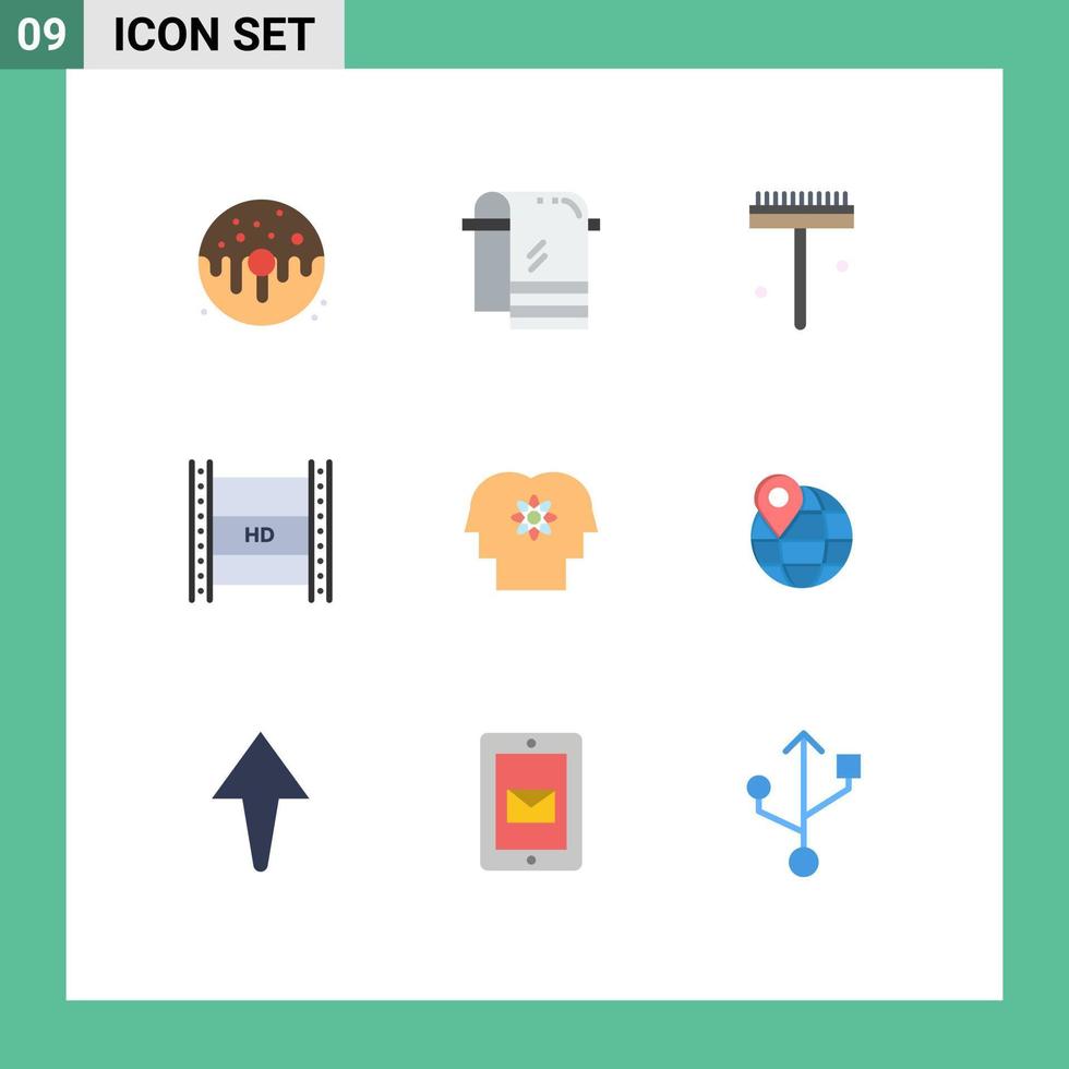 Mobile Interface Flat Color Set of 9 Pictograms of high hd in filmmaking wiping hd film shovel Editable Vector Design Elements