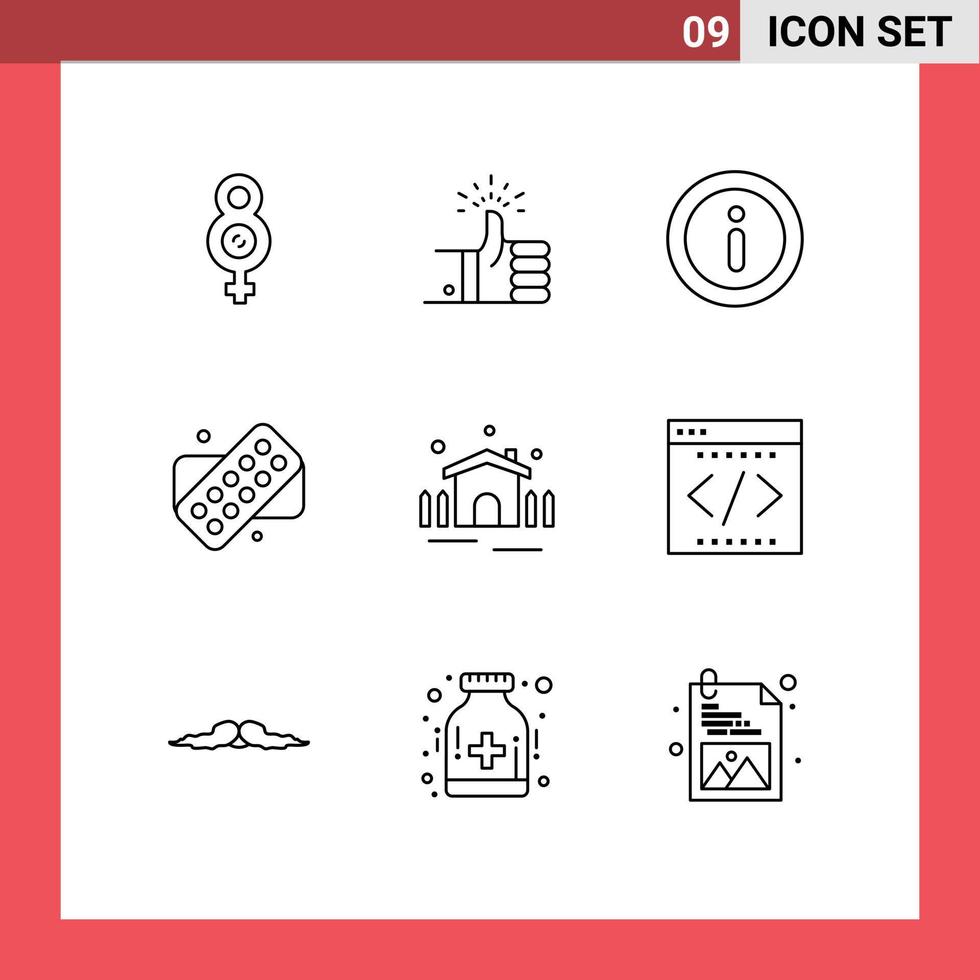 Set of 9 Modern UI Icons Symbols Signs for shelter garden info construction medical Editable Vector Design Elements