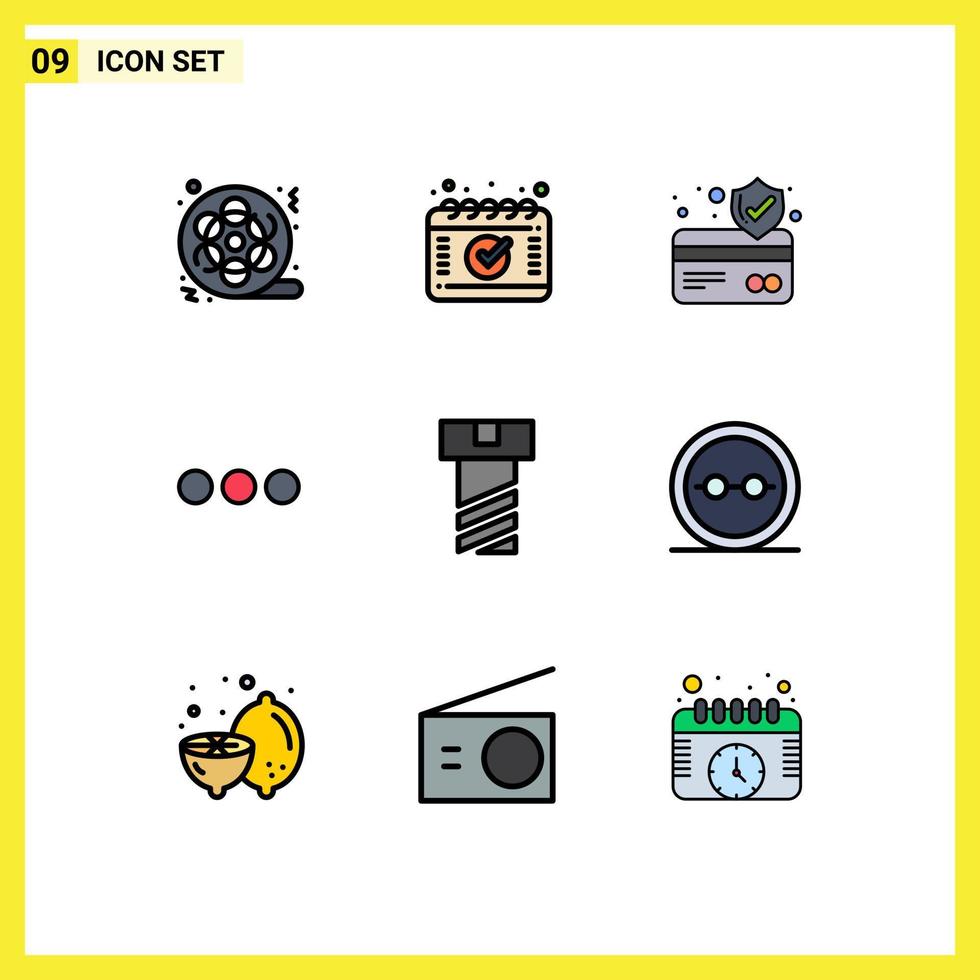 Filledline Flat Color Pack of 9 Universal Symbols of eye glasses bolt atm card sign chating Editable Vector Design Elements