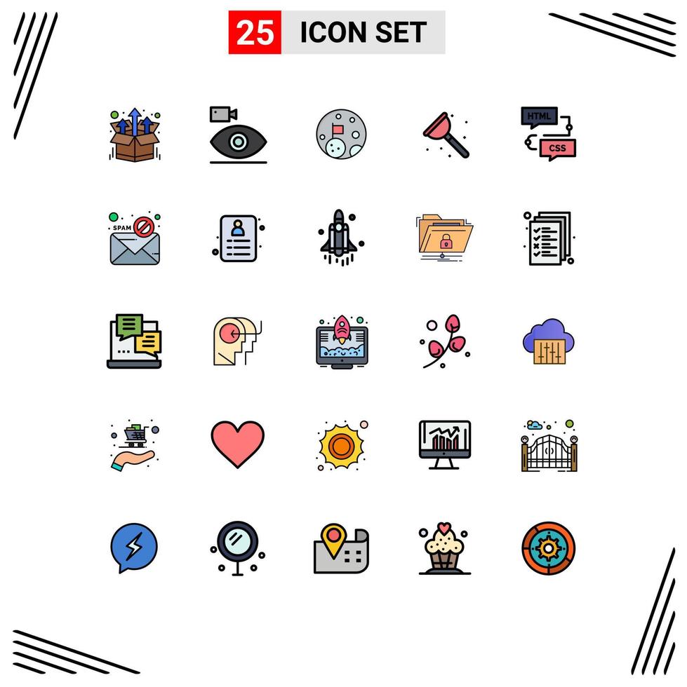 Filled line Flat Color Pack of 25 Universal Symbols of coding repair media plumber planet Editable Vector Design Elements
