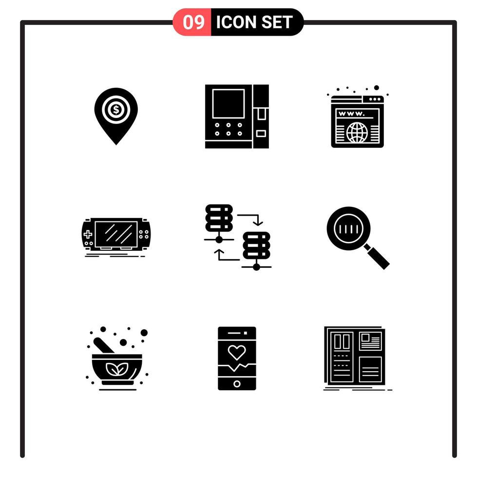 Modern Set of 9 Solid Glyphs and symbols such as server gaming address game console Editable Vector Design Elements