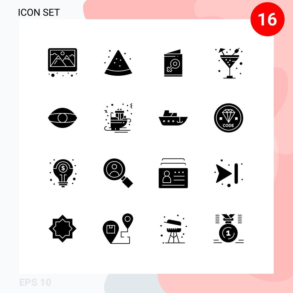 Pack of 16 Modern Solid Glyphs Signs and Symbols for Web Print Media such as human eye female water food Editable Vector Design Elements