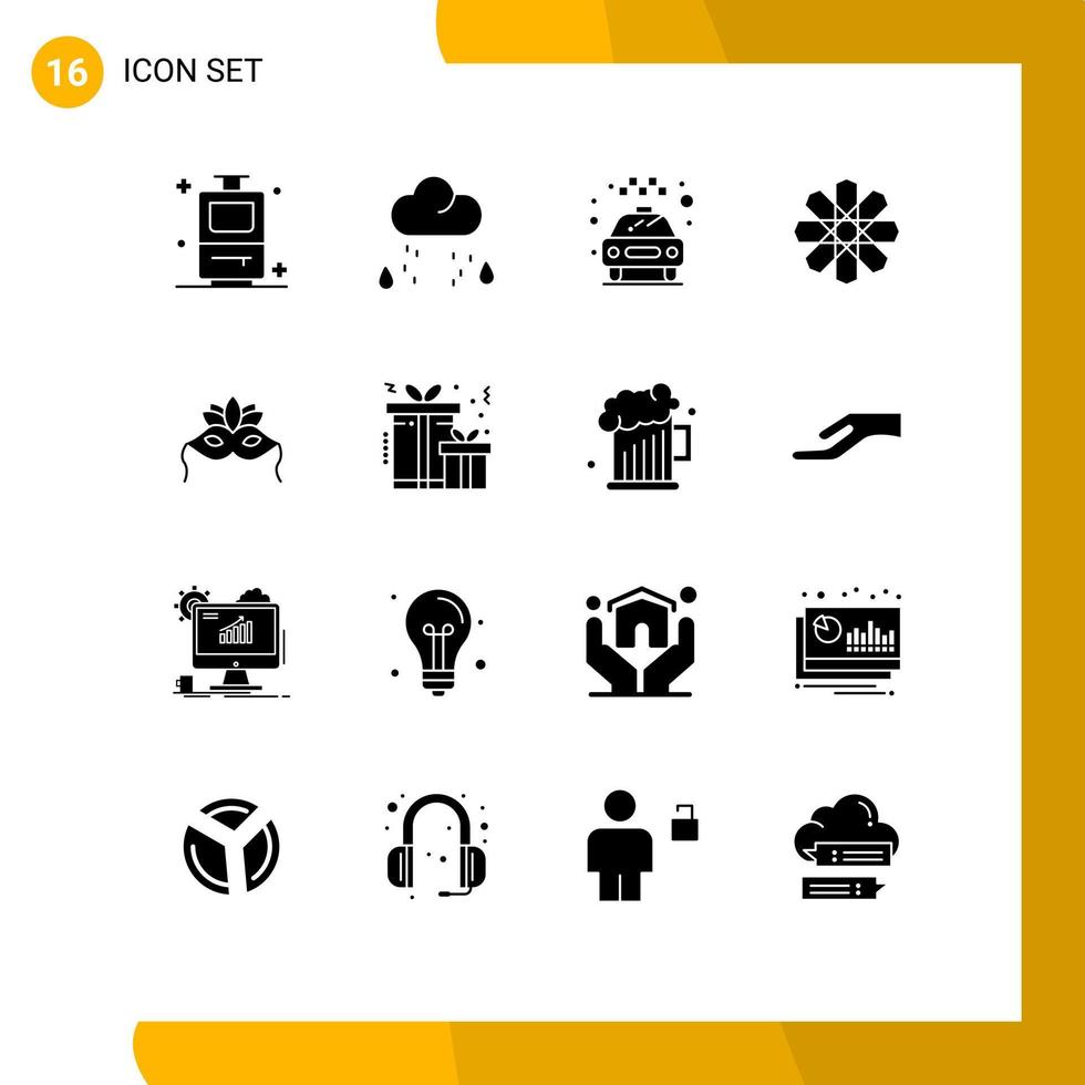 Modern Set of 16 Solid Glyphs and symbols such as venetian mask taxi geography design Editable Vector Design Elements