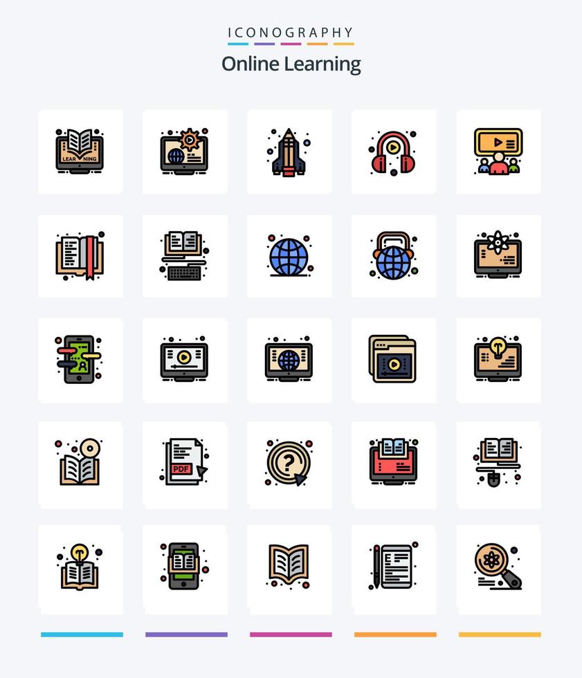Creative Online Learning 25 Line FIlled icon pack  Such As online. play. learn. learning. e learning vector
