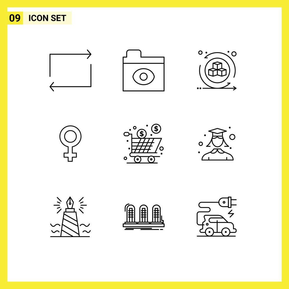 Group of 9 Modern Outlines Set for shopping full interactive cart gender Editable Vector Design Elements