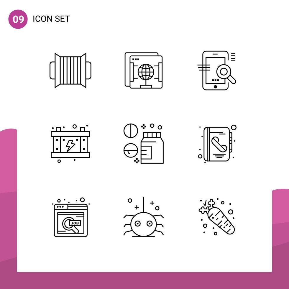 Group of 9 Modern Outlines Set for drug power search energy configuration Editable Vector Design Elements