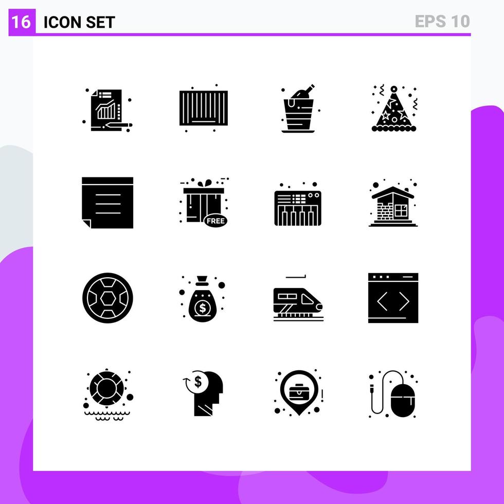 paquete de 16 signos y símbolos de glifos sólidos modernos para medios de impresión web, como sombrero de texto, alcohol, diversión, cumpleaños, elementos de diseño de vectores editables
