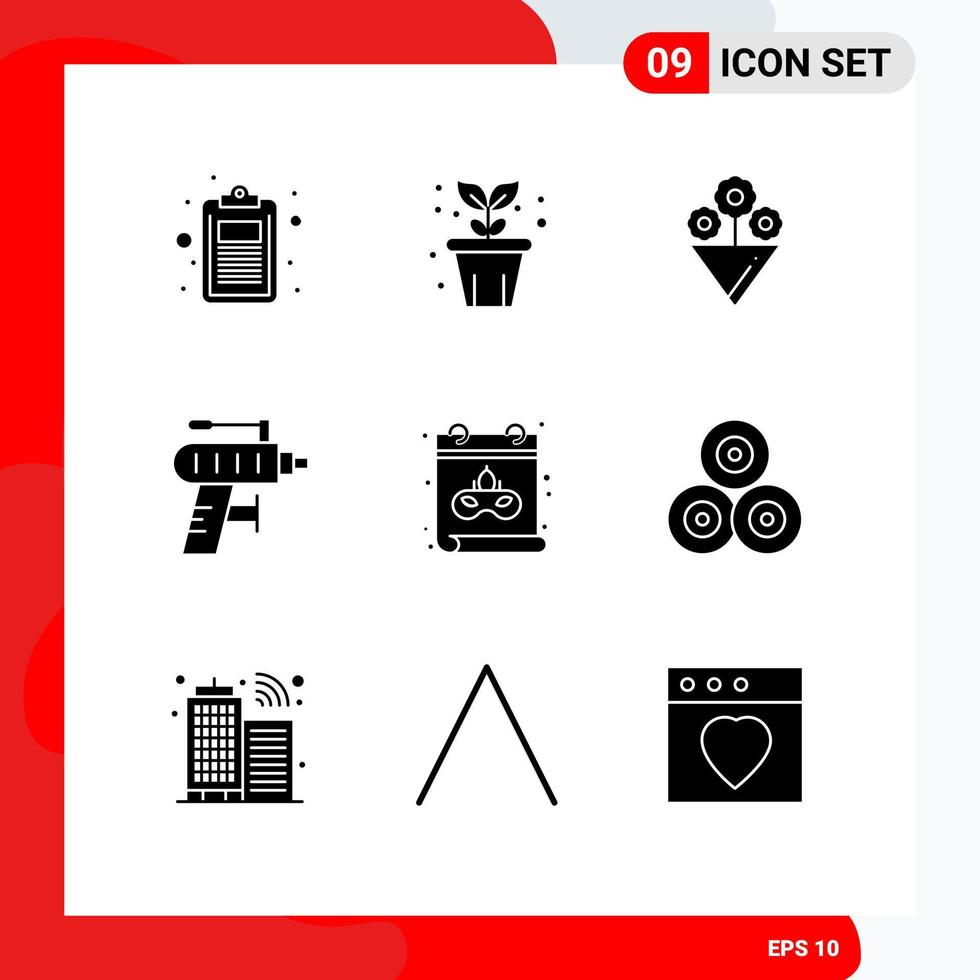 9 Thematic Vector Solid Glyphs and Editable Symbols of date calendar plant drilling perforator Editable Vector Design Elements