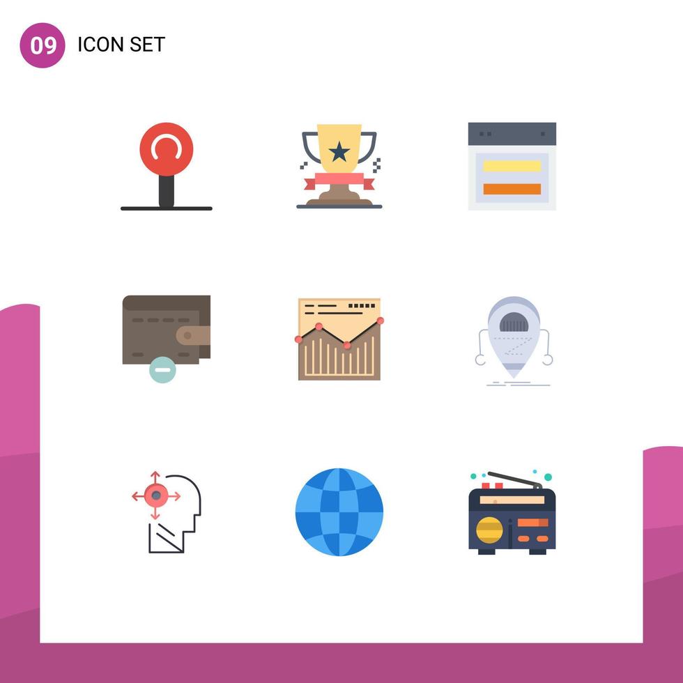 conjunto de pictogramas de 9 colores planos simples de billetera de diseño de análisis de sitio web eliminar elementos de diseño vectorial editables vector