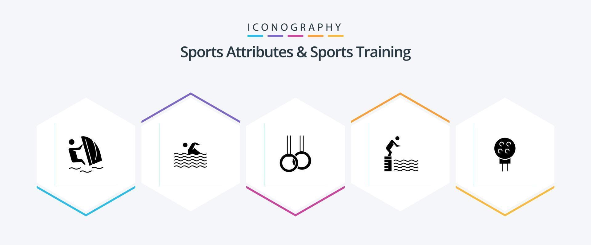 Sports Atributes And Sports Training 25 Glyph icon pack including sport. platform. swimming. jump. rings vector