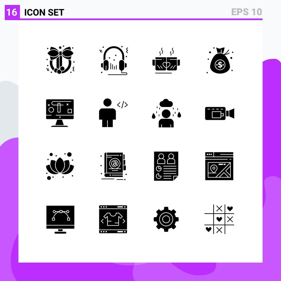 Group of 16 Solid Glyphs Signs and Symbols for computer dollar tea currency wedding Editable Vector Design Elements