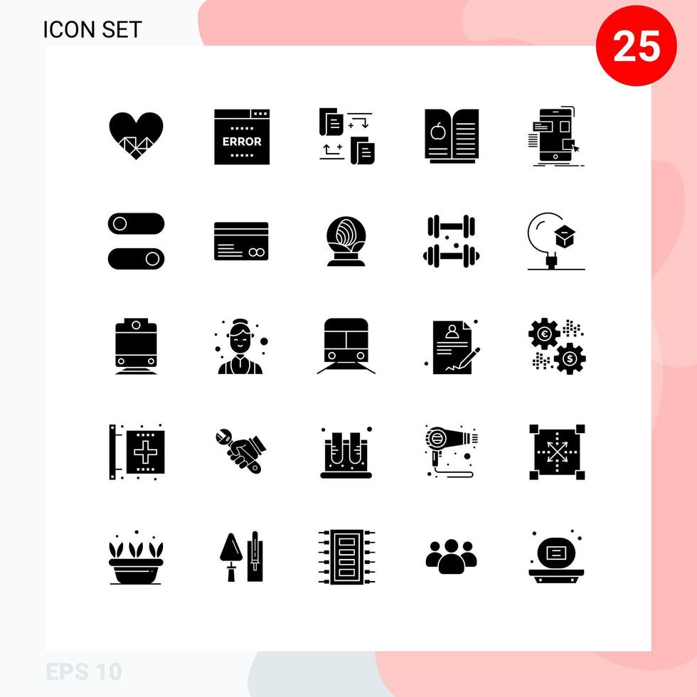 Mobile Interface Solid Glyph Set of 25 Pictograms of ui mobile search drag book apple Editable Vector Design Elements