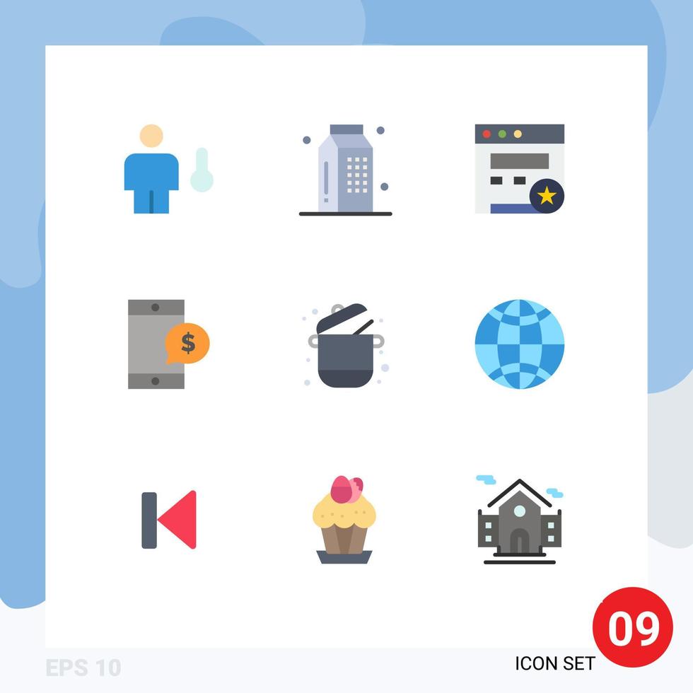 9 User Interface Flat Color Pack of modern Signs and Symbols of cooking money meal cell website Editable Vector Design Elements