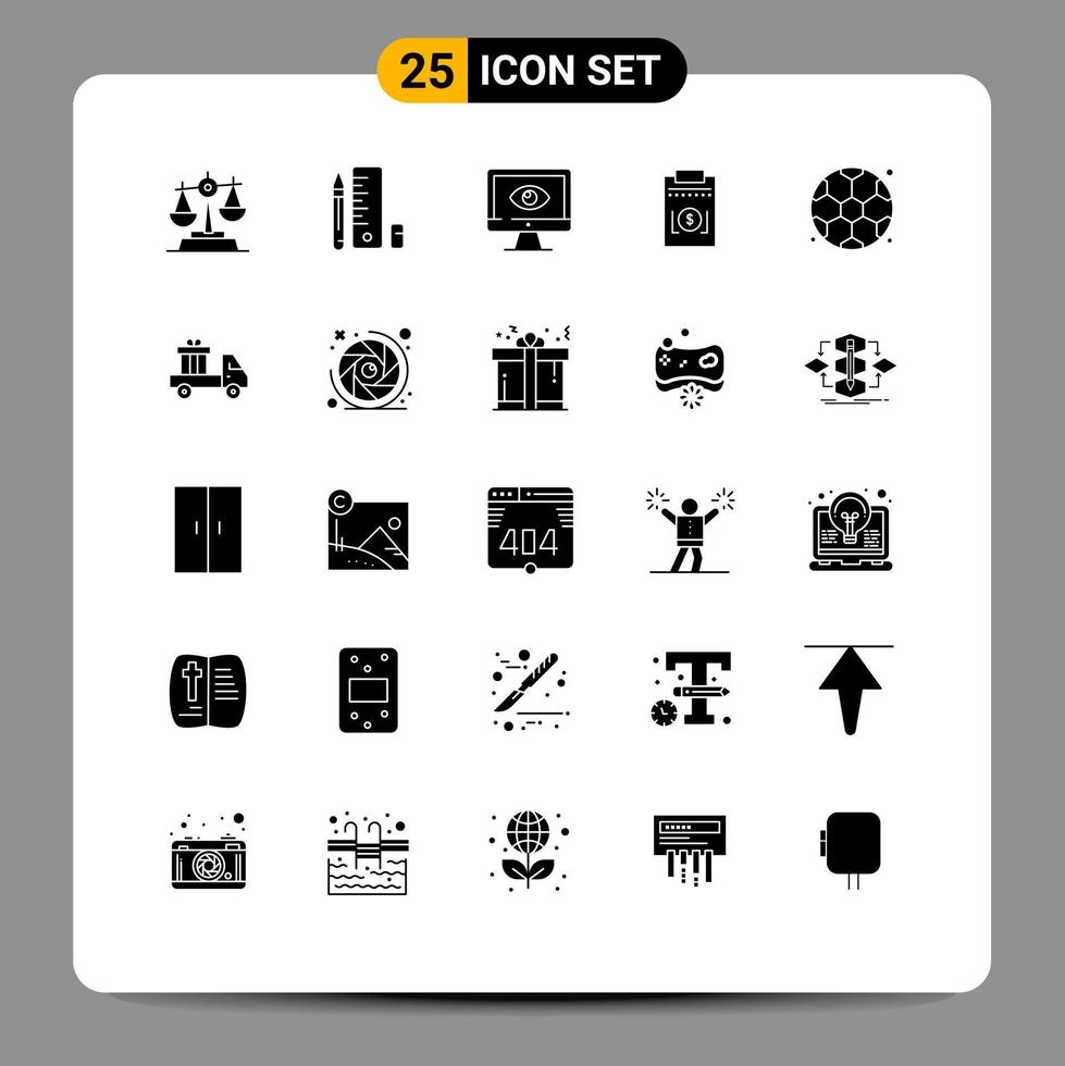 Pack of 25 Modern Solid Glyphs Signs and Symbols for Web Print Media such as money business monitor expense video Editable Vector Design Elements
