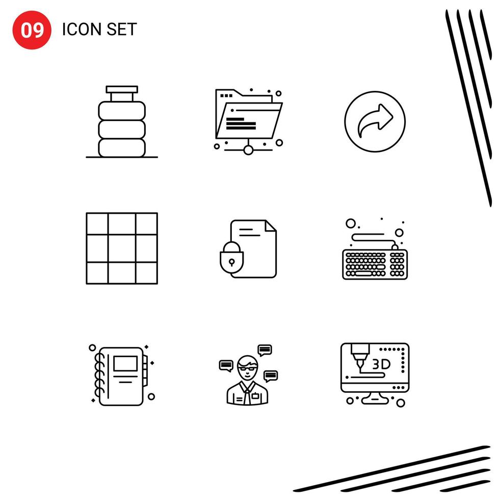 Pack of 9 Modern Outlines Signs and Symbols for Web Print Media such as lock file shared layout ui Editable Vector Design Elements