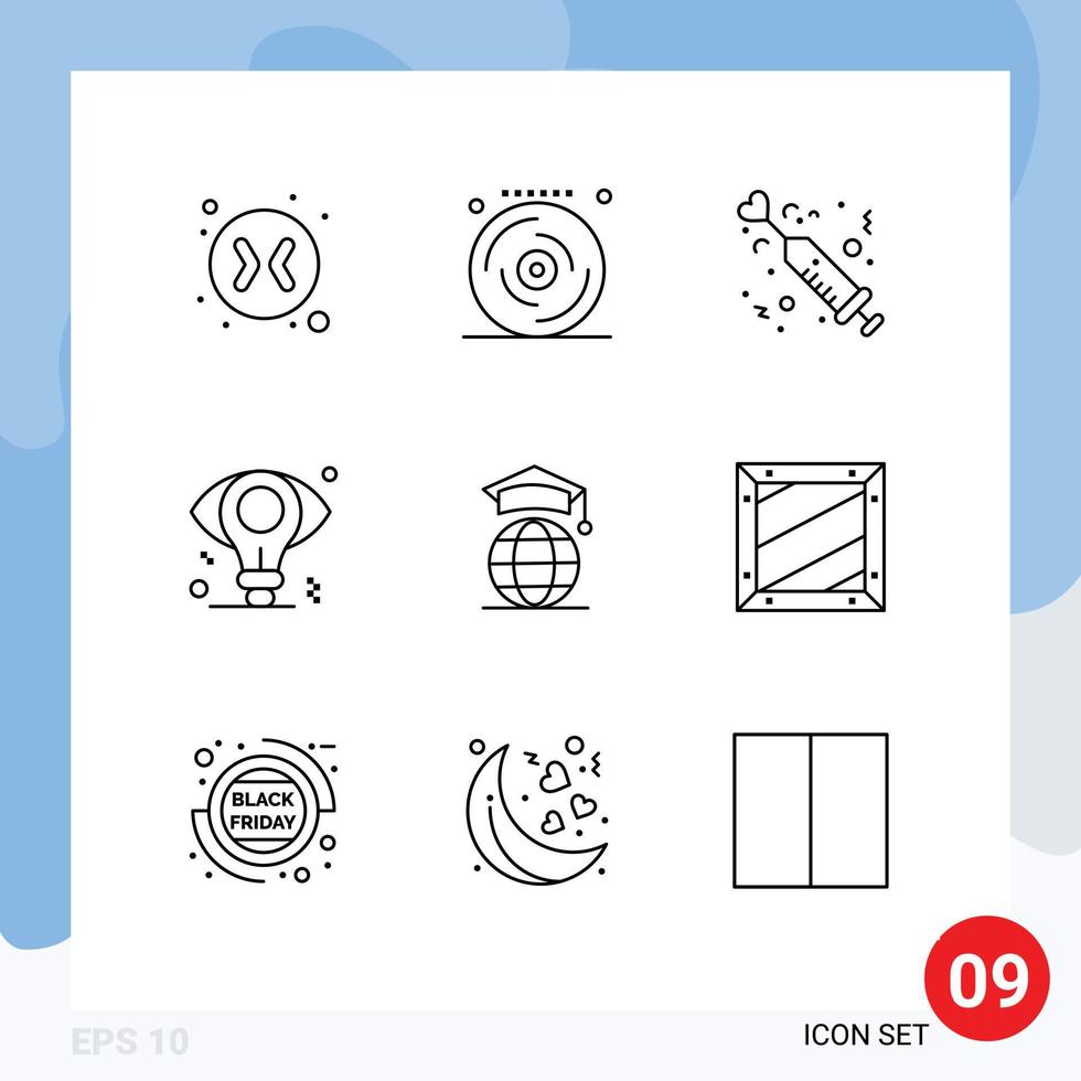 Pack of 9 Modern Outlines Signs and Symbols for Web Print Media such as internet idea heart bulb business Editable Vector Design Elements