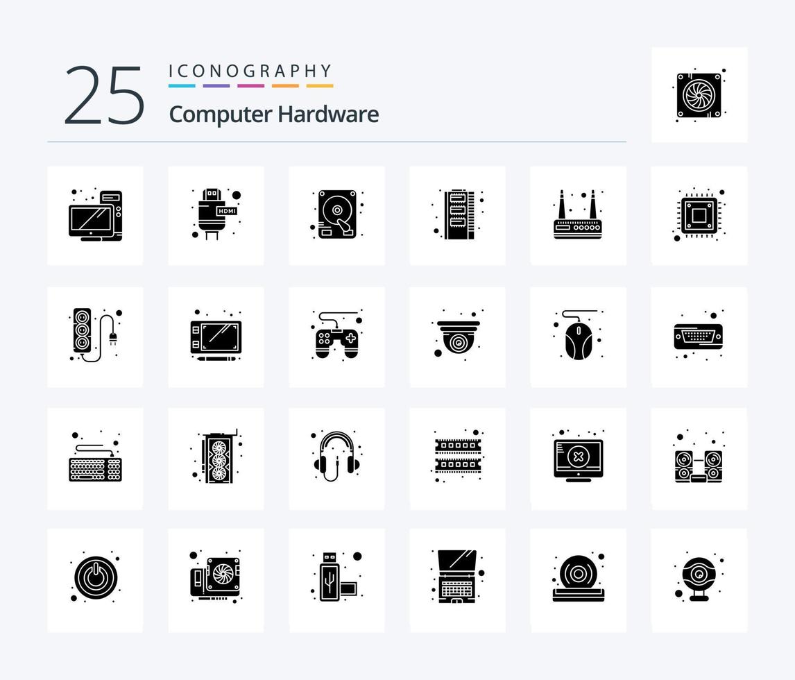 Computer Hardware 25 Solid Glyph icon pack including computer. router. drive. modem. ram vector