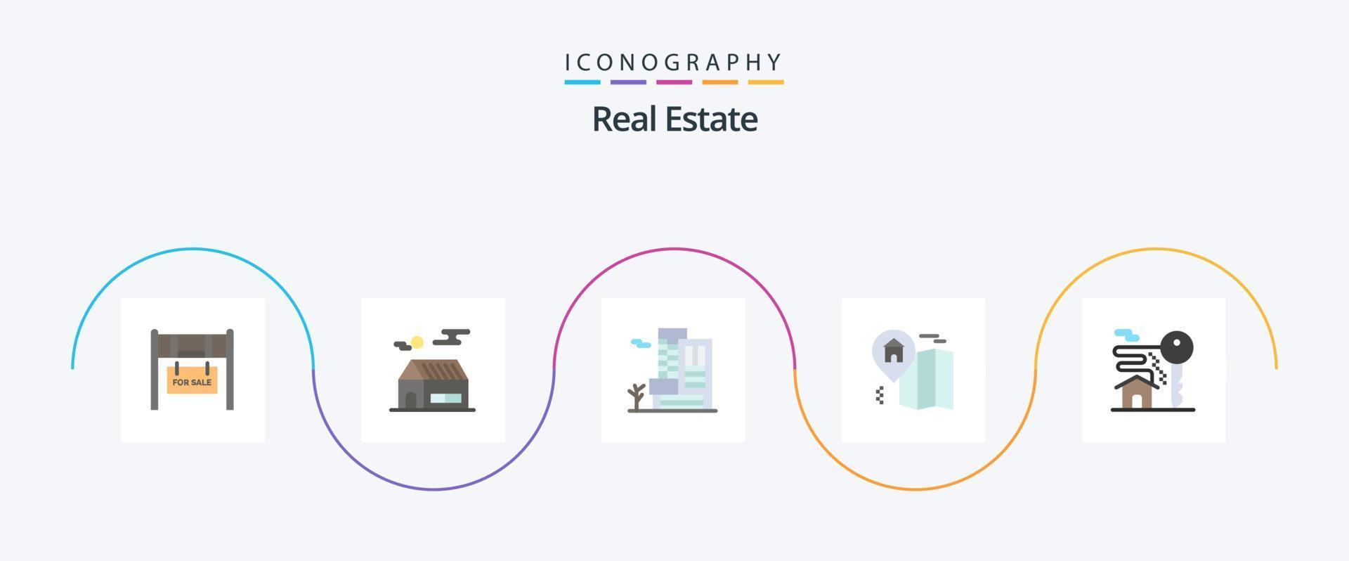 Real Estate Flat 5 Icon Pack Including room. home. office. map. home vector