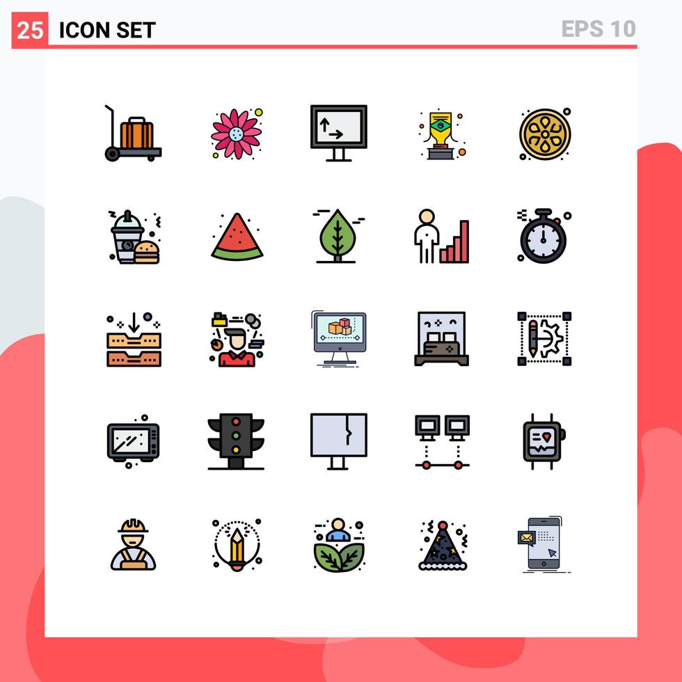 paquete de 25 modernos signos y símbolos de colores planos de línea rellena para medios de impresión web, como hamburguesas, comida rápida, loto brasileño, limón, elementos de diseño de vectores editables
