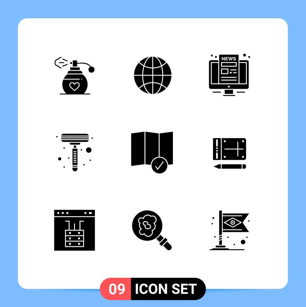 Mobile Interface Solid Glyph Set of 9 Pictograms of mobile location monitor check in shaver Editable Vector Design Elements