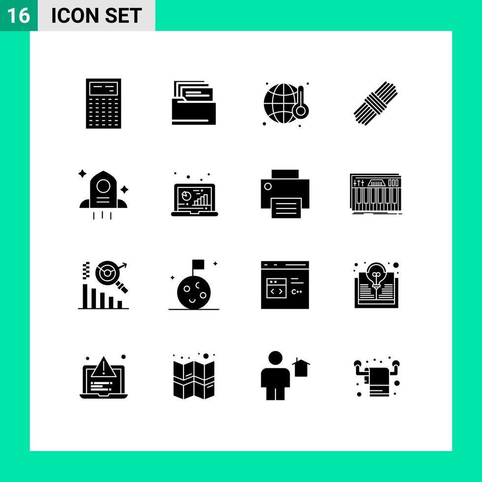 Solid Glyph Pack of 16 Universal Symbols of analysis rocket pollution astronomy pack Editable Vector Design Elements