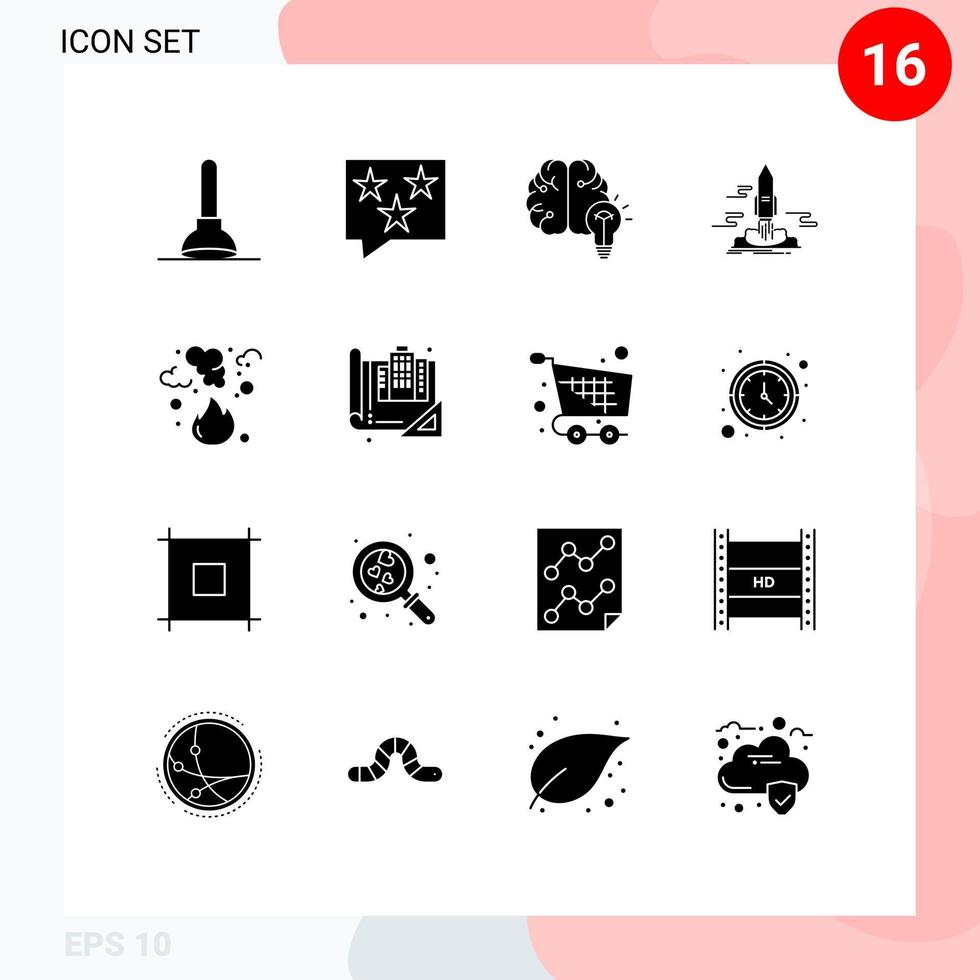 Pictogram Set of 16 Simple Solid Glyphs of space app idea publish bulb Editable Vector Design Elements