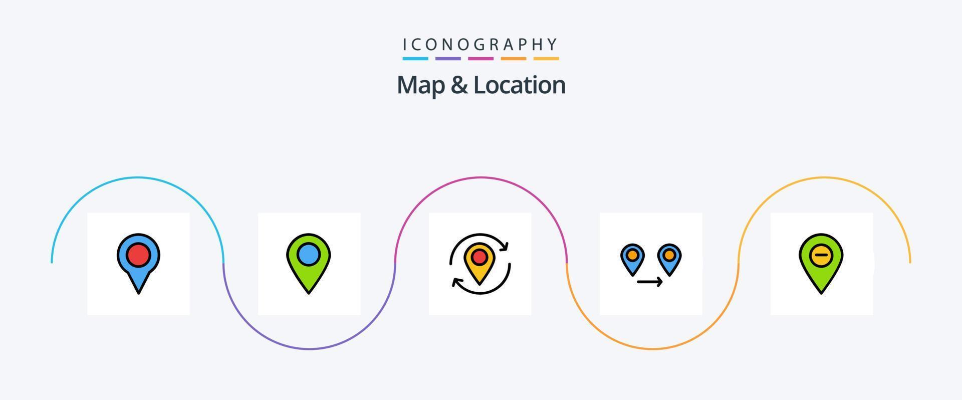 el mapa y la línea de ubicación llenaron el paquete de iconos planos 5 que incluye. marcador. alfiler. mapa. minimizar vector