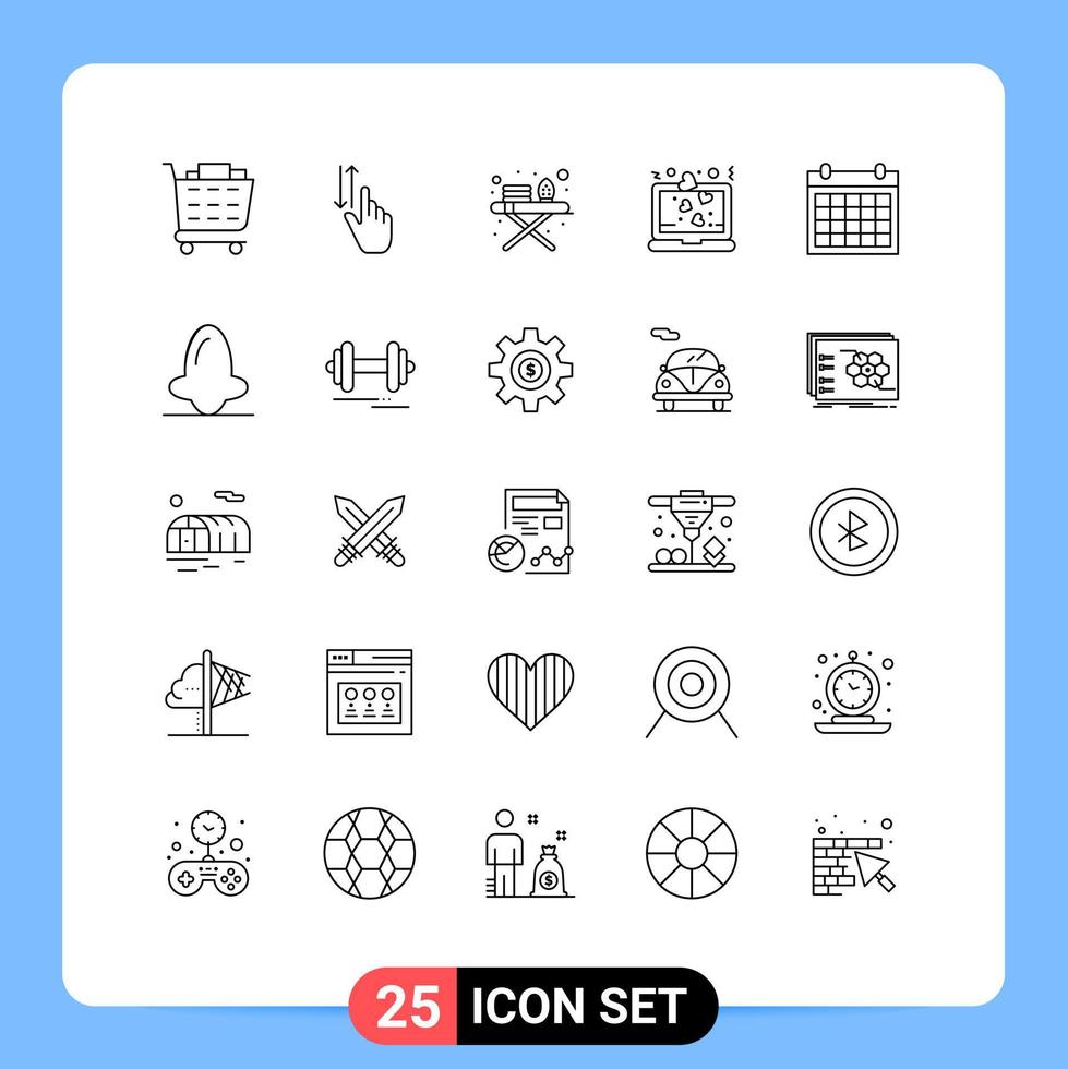 Modern Set of 25 Lines Pictograph of contact colander ironing board romance laptop Editable Vector Design Elements