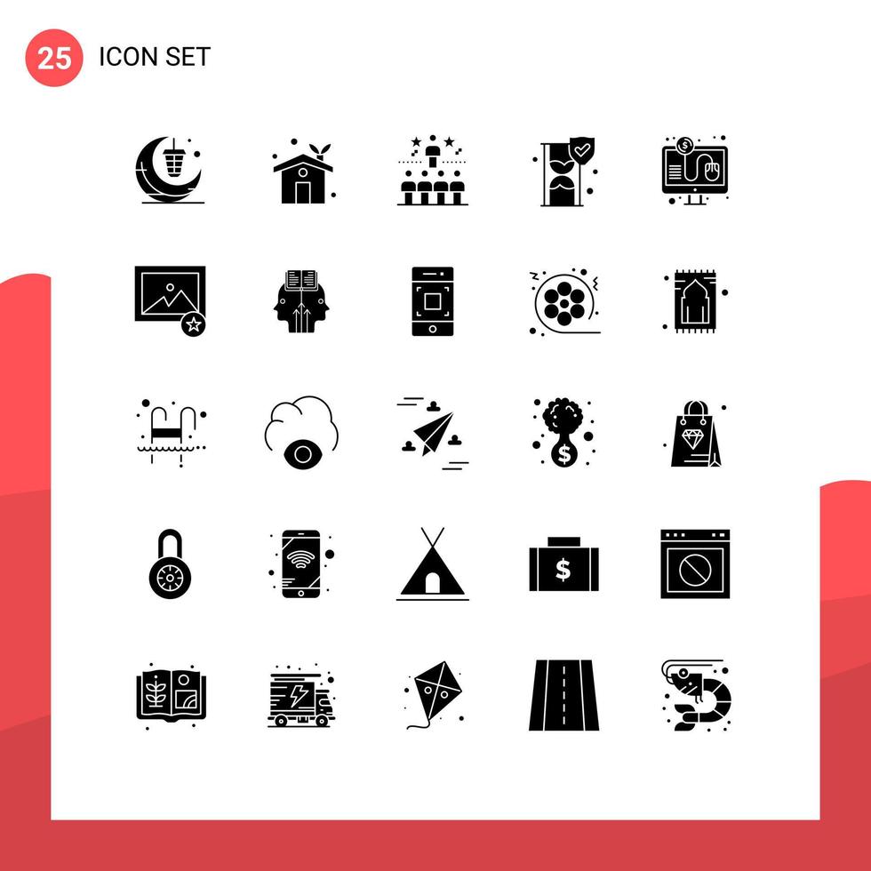 Pack of 25 Modern Solid Glyphs Signs and Symbols for Web Print Media such as shield insurance greenhouse time glass top Editable Vector Design Elements