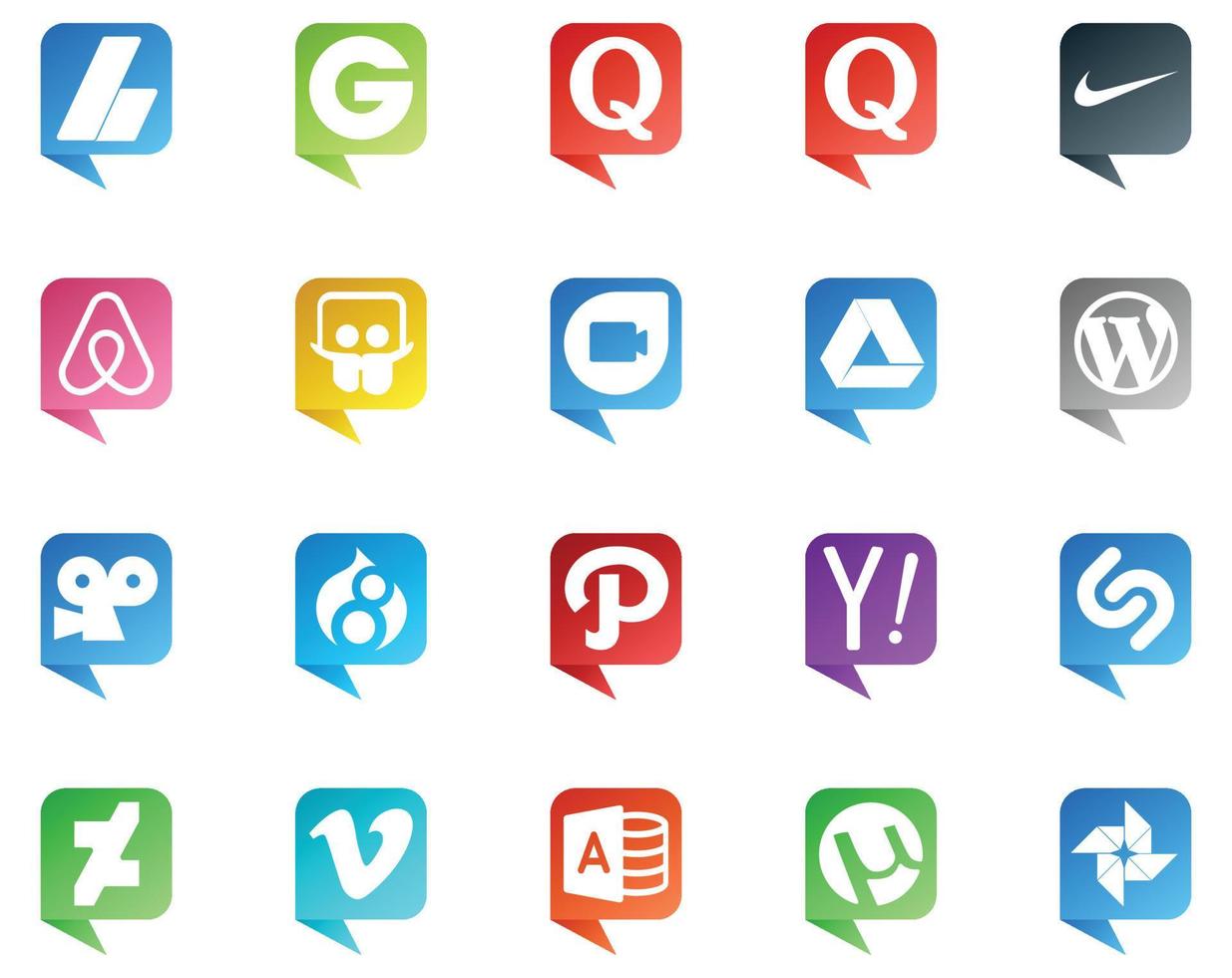 20 logotipos de estilo de burbujas de discurso de redes sociales como shazam yahoo google duo path viddler vector