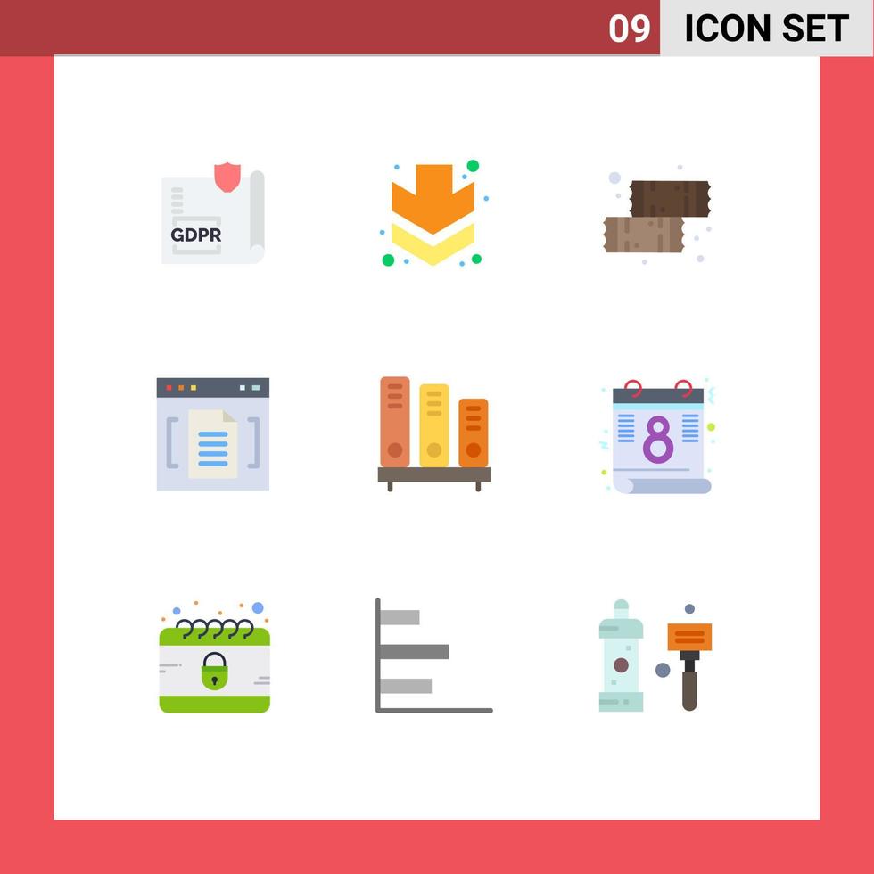 Modern Set of 9 Flat Colors Pictograph of book file chocolate document archive Editable Vector Design Elements