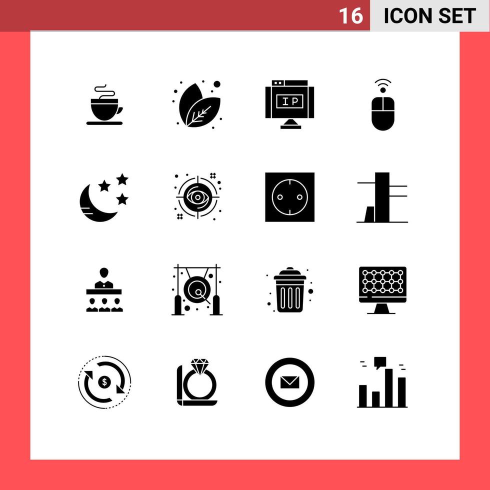 Group of 16 Modern Solid Glyphs Set for eye moon location crescent mouse Editable Vector Design Elements