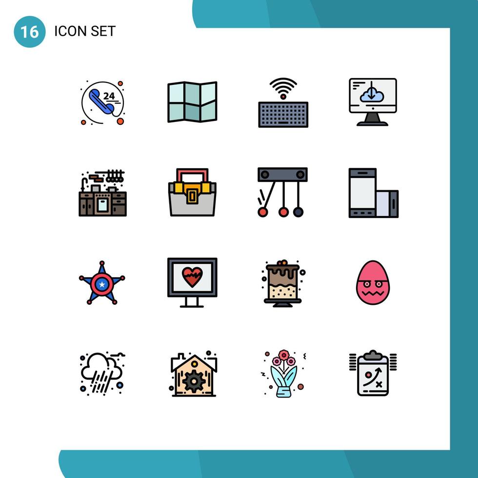 16 Thematic Vector Flat Color Filled Lines and Editable Symbols of bag kitchen keys cabinet install Editable Creative Vector Design Elements