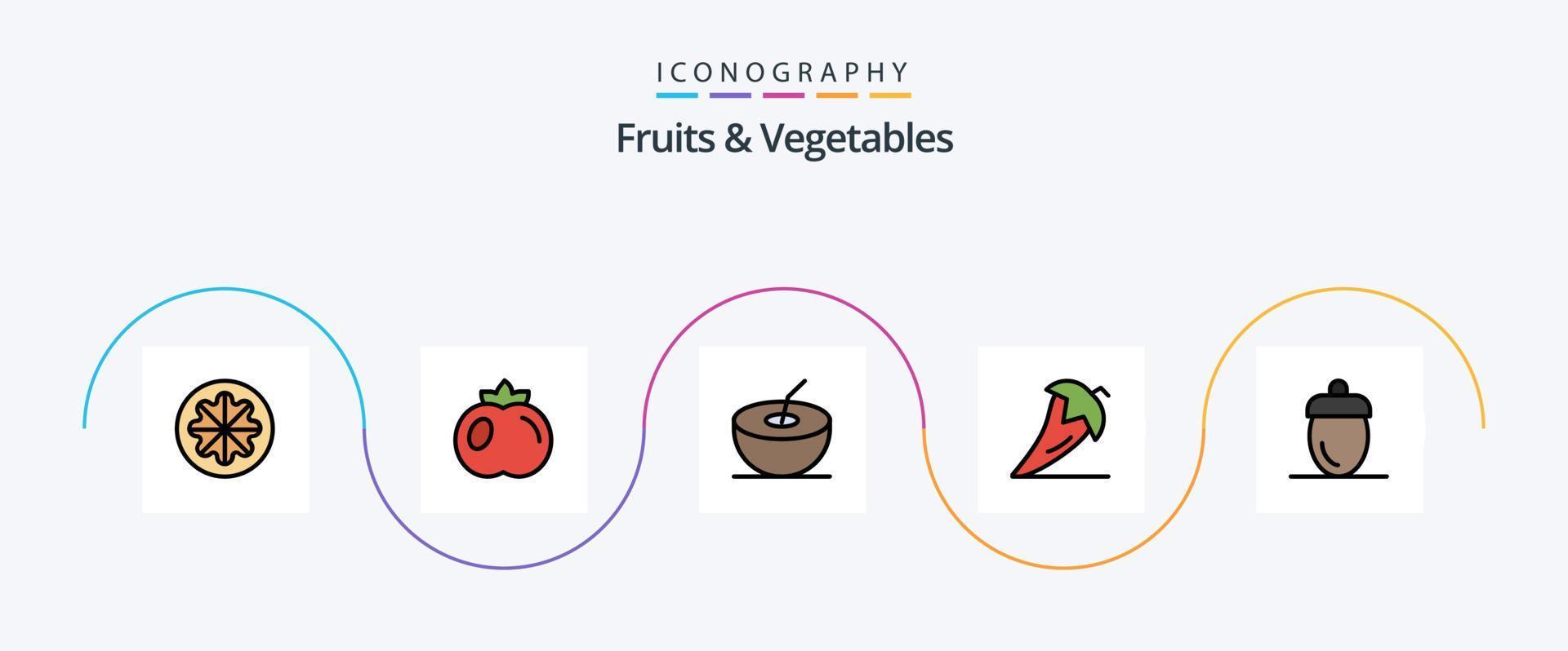 la línea de frutas y verduras llenó el paquete de iconos planos 5 que incluye frescos. bellota. Coco. verduras. ingrediente vector