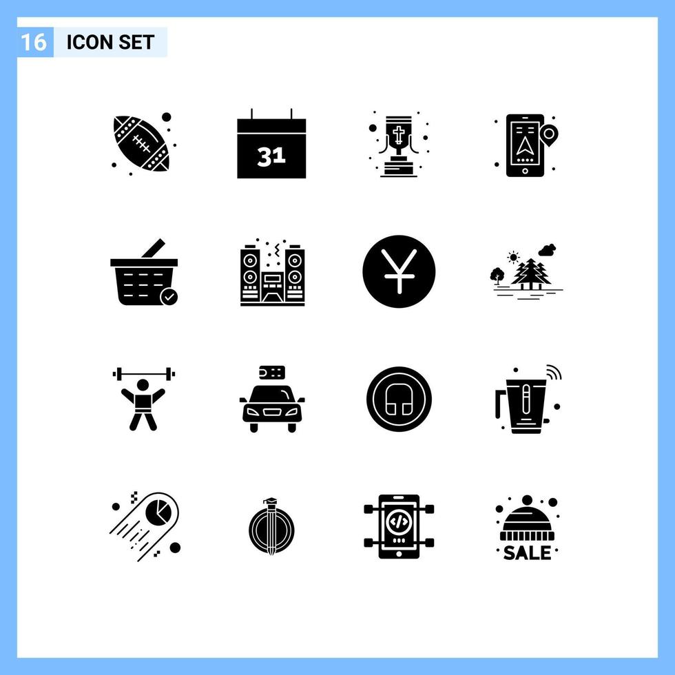 Universal Icon Symbols Group of 16 Modern Solid Glyphs of celebration checkout reward buy mobile Editable Vector Design Elements