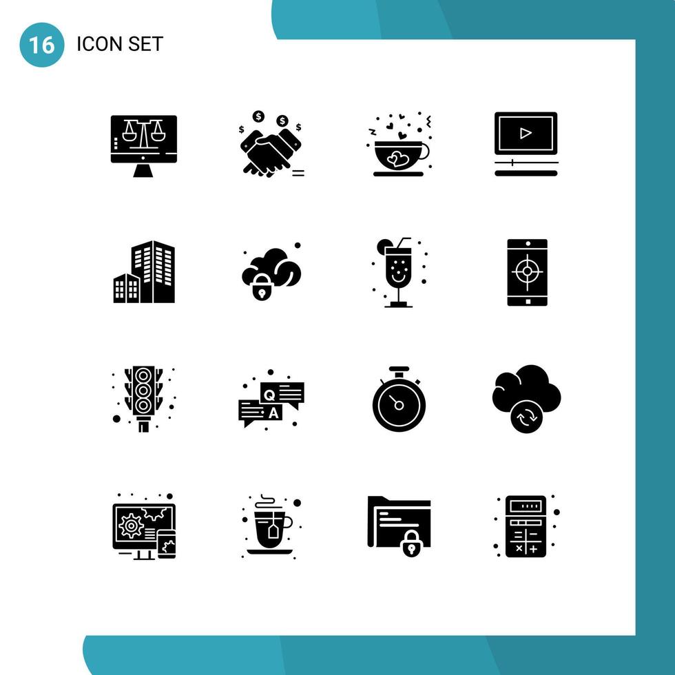 Pictogram Set of 16 Simple Solid Glyphs of building audio selling player tea Editable Vector Design Elements