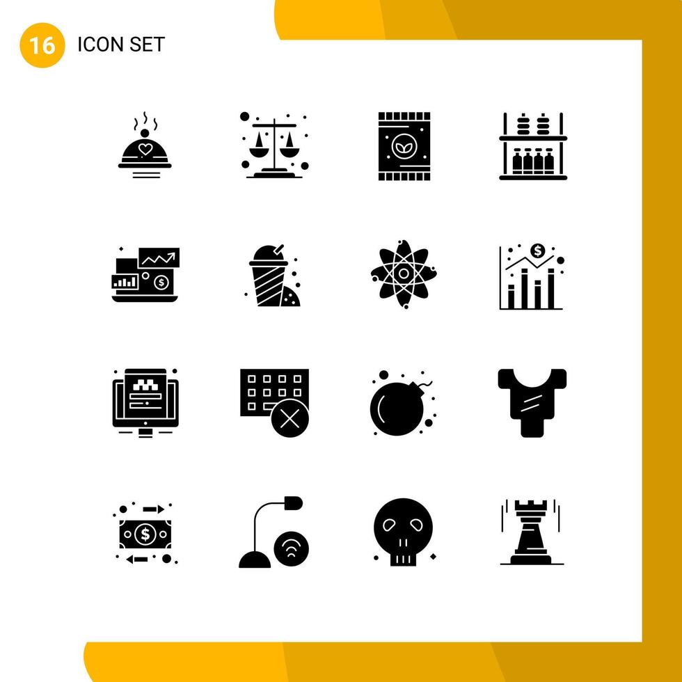 Pack of 16 Modern Solid Glyphs Signs and Symbols for Web Print Media such as financial supermarket agriculture shelf furniture Editable Vector Design Elements