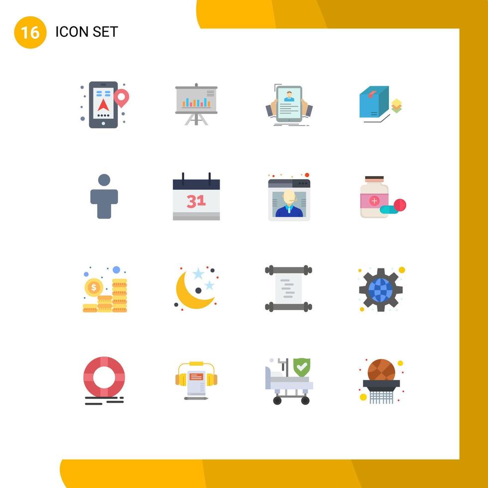 conjunto moderno de 16 colores planos y símbolos, como el embalaje de avatar, currículum, perfil sorpresa, paquete editable de elementos de diseño de vectores creativos