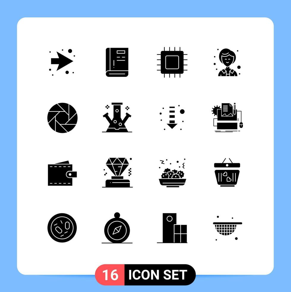 Pictogram Set of 16 Simple Solid Glyphs of camera woman chip female hardware Editable Vector Design Elements