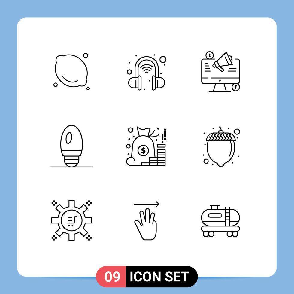 9 Universal Outline Signs Symbols of management account social media lamp bulb Editable Vector Design Elements